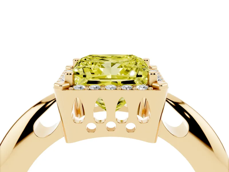Fancy Yellow Princess Cut Diamond Halo Engagement Ring Set in Yellow gold with Plain Split Shank and Prong Setting