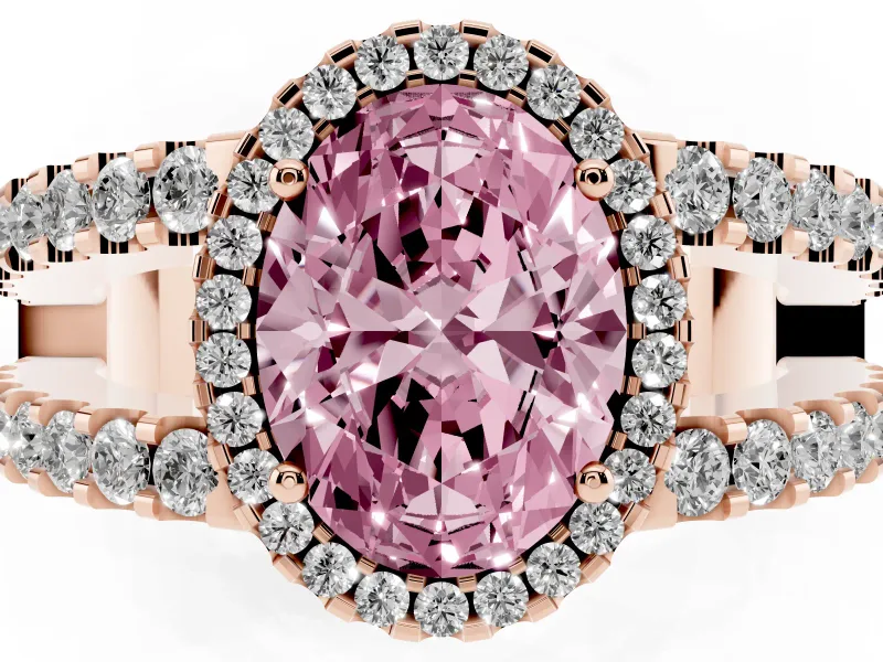 Fancy Pink Oval Cut Diamond Halo Ring Set in Rose gold with Pavé Split Shank and Prong Setting
