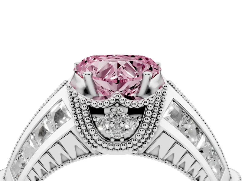 Fancy Pink Heart Cut Diamond Vintage-Inspired Milgrain Ring Set in Platinum with Accent Split Shank