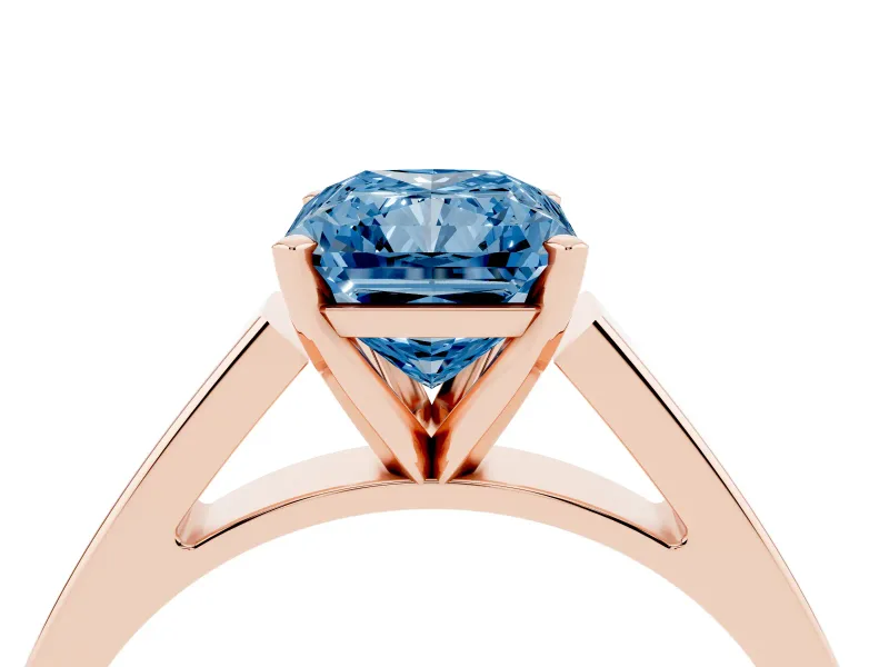 Fancy Blue Radiant Cut Diamond Solitaire Engagement Ring Set in Rose gold with Prong Setting and Tapered Band