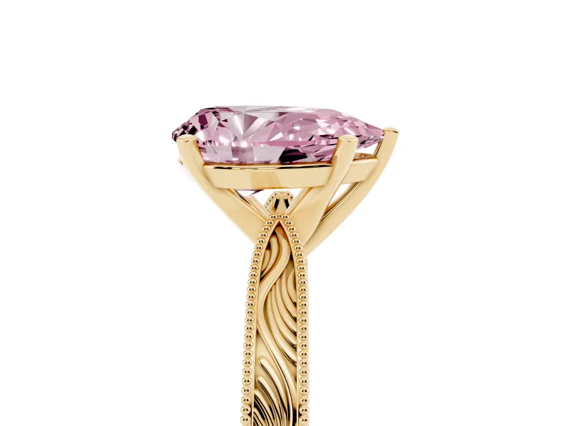 Fancy Pink Pear Cut Diamond Solitaire Milgrain Engraved Band Set in Yellow gold with Prong Setting