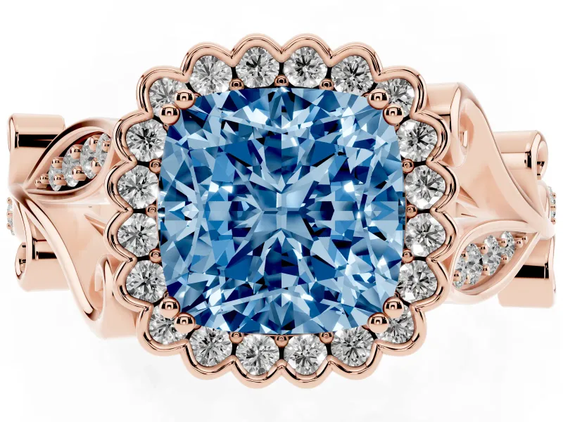 Cushion Cut Leaf Halo Engagement Ring Setting for a Fancy Blue Lab-Grown Diamond | Rose Gold