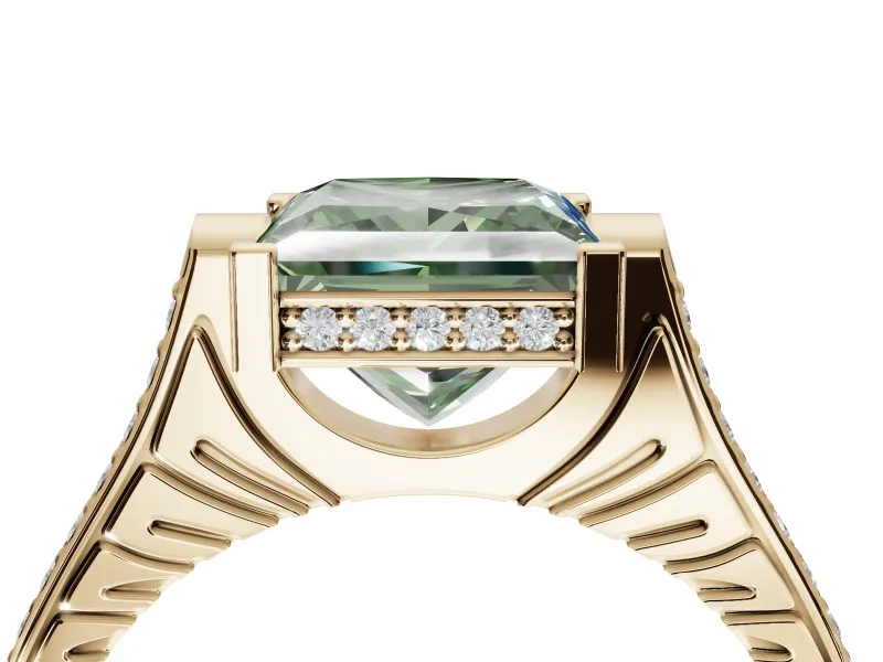 Princess Cut Vintage Cathedral Engagement Ring Setting for a Fancy Green Lab-Grown Diamond | Carved Band | Yellow Gold