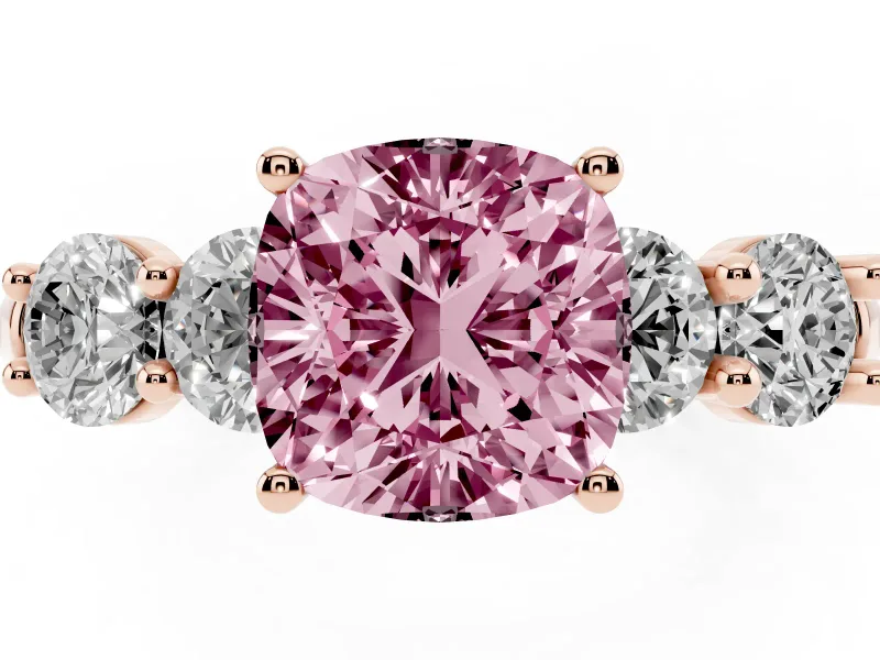 Cushion Cut Five Stone Engagement Ring Setting for a Fancy Pink Lab-Grown Diamond | Prong Set Side Stones | Rose Gold