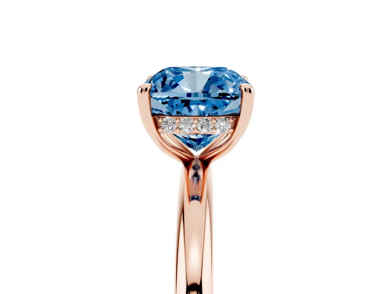 Fancy Blue Cushion Cut Diamond Solitaire Ring Set in Rose gold with Thin Band and Prong Setting
