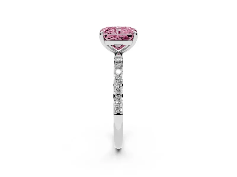 Fancy Pink Radiant Cut Diamond Solitaire Ring Set in Silver with Round Pavé Band and Prong Setting