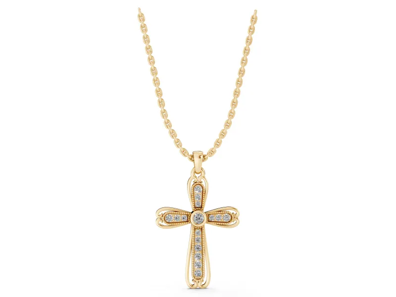 Round Lab-Grown Diamond Bezel Milgrain Cross Pendant Necklace | Scrolled Outline | Yellow Gold