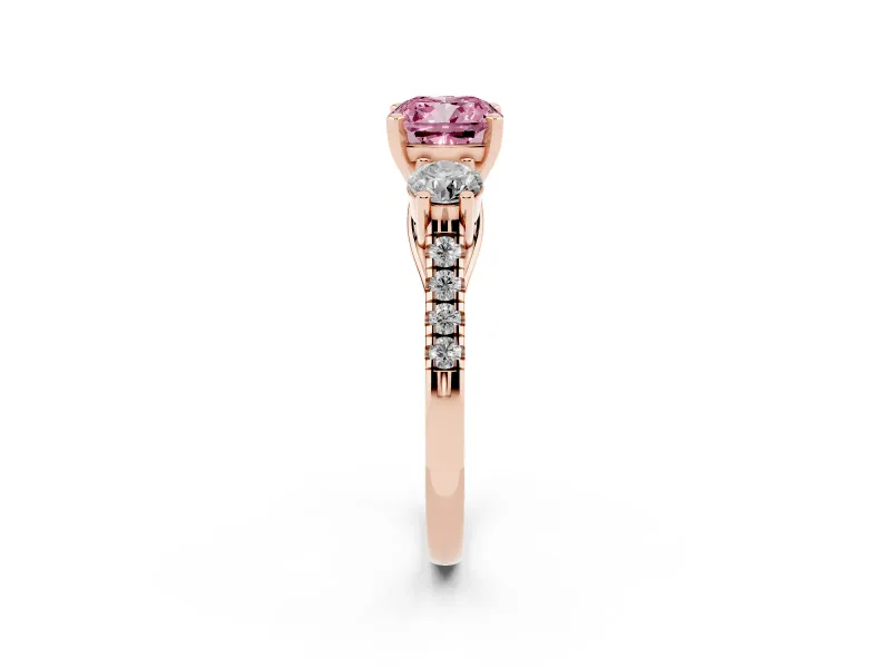 Fancy Pink Three-Stone Cushion Cut Diamond Pavé Band Ring Set in Rose gold with Prong-Set Trio