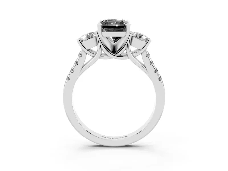 Fancy Black Three-Stone Radiant Cut Diamond Pavé Band Ring Set in Platinum with Prong-Set Trio
