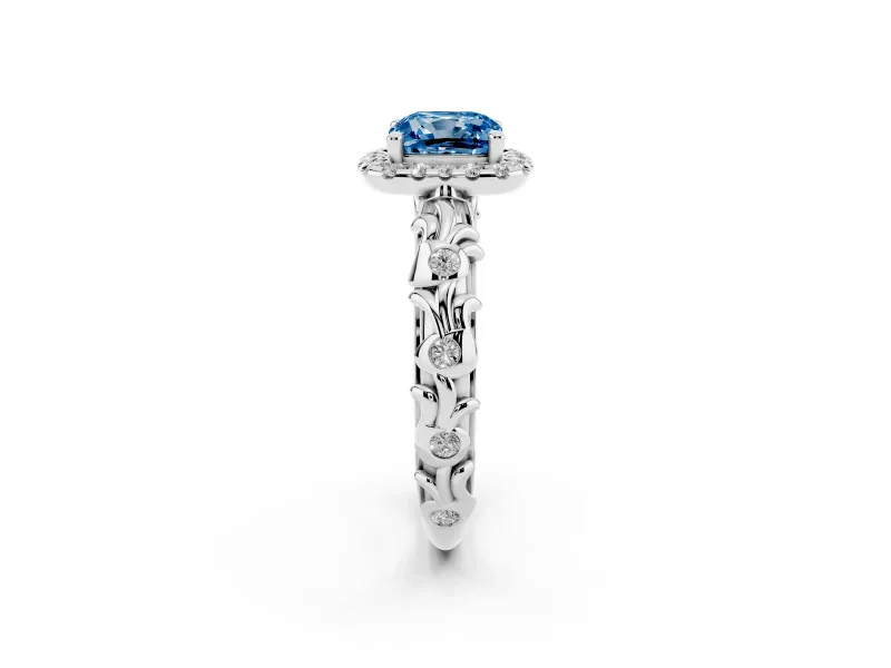 Cushion Cut Leaf Halo Engagement Ring Setting for a Fancy Blue Lab-Grown Diamond | Bezel Accents | White Gold