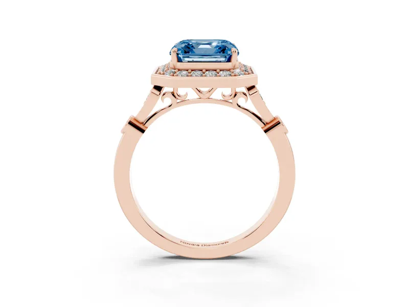 Asscher Cut Halo Engagement Ring Setting for a Fancy Blue Lab-Grown Diamond | Bezel Station Shoulders | Rose Gold