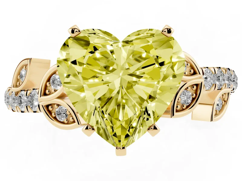Fancy Yellow Heart Cut Diamond Solitaire Leaf-Inspired Ring Set in Yellow gold with Pavé Band and Prong Setting