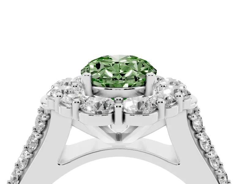 Fancy Green Oval Cut Diamond Halo Engagement Ring Set in Platinum with Split Shank and Prong Setting