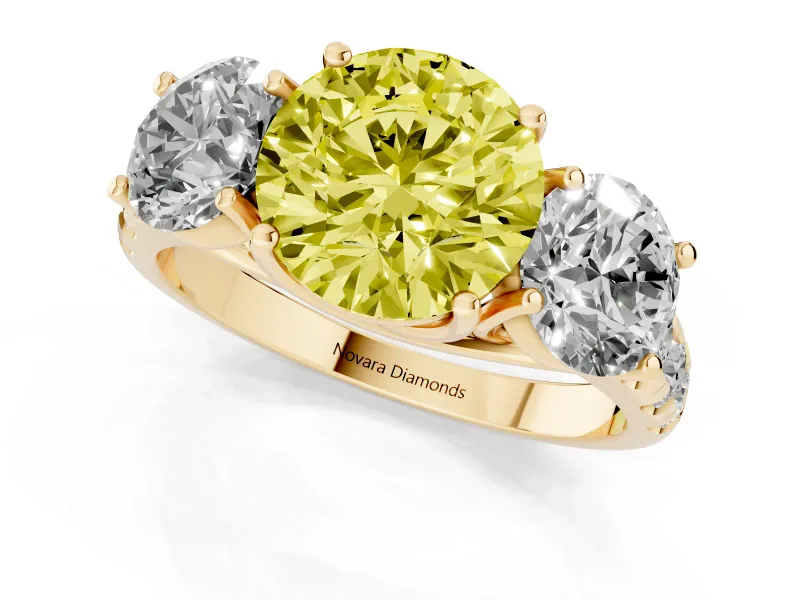 Round Three Stone Engagement Ring Setting for a Fancy Yellow Lab-Grown Diamond | Accented Shoulders | Yellow Gold