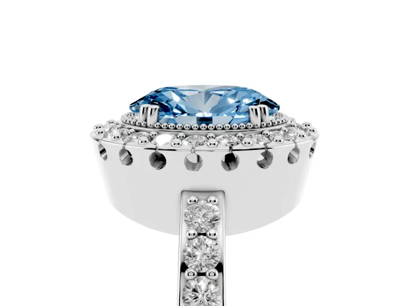Fancy Blue Oval Cut Diamond Halo Ring Set in Silver with Pavé Shank and Prong Setting