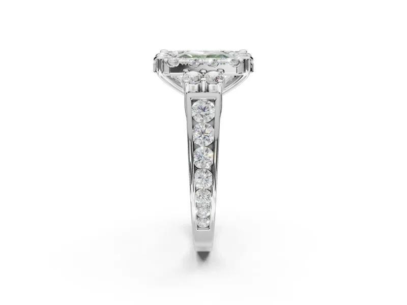 Radiant Cut Halo Engagement Ring Setting for a Fancy Green Lab-Grown Diamond | Graduated Channel Band | Platinum
