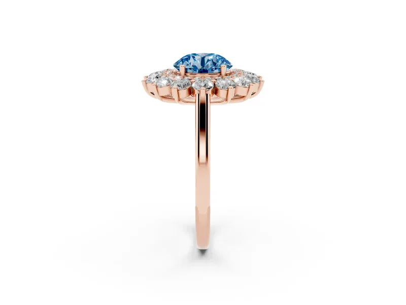 Round Floral Double Halo Engagement Ring Setting for a Fancy Blue Lab-Grown Diamond | Plain Band | Rose Gold