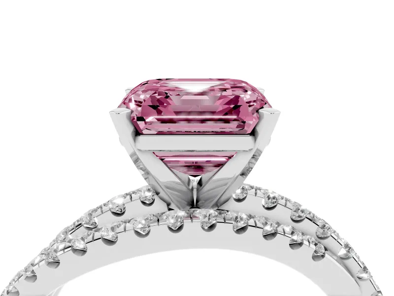 Fancy Pink Asscher Cut Diamond Solitaire Twist Band Ring Set in White gold with Pavé Setting and Prong Head