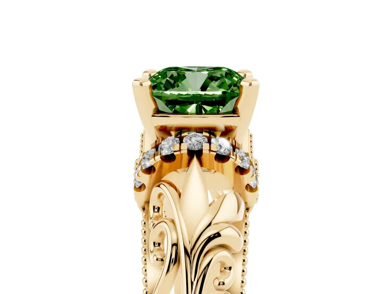 Cushion Cut Filigree Engagement Ring Setting for a Fancy Green Lab-Grown Diamond | Yellow Gold