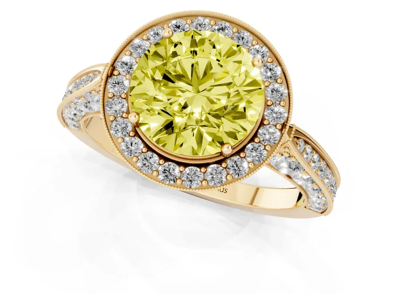 Round Milgrain Halo Engagement Ring Setting for a Fancy Yellow Lab-Grown Diamond | Side Stones | Yellow Gold