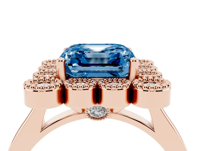Asscher Cut Milgrain Cluster Halo Engagement Ring Setting for a Fancy Blue Lab-Grown Diamond | Plain Band | Rose Gold