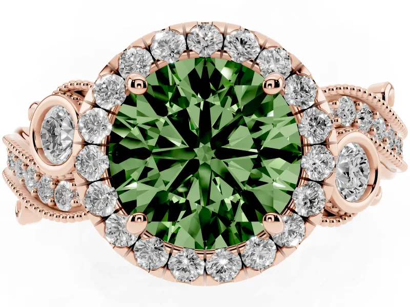 Fancy Green Round Cut Diamond Halo Ring Set in Rose gold with Milgrain Pavé Band and Prong Setting