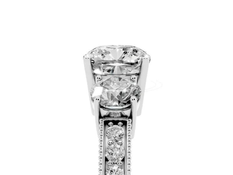 Cushion Cut Diamond Three-Stone Ring Set in Silver with Round Side Stones and Pavé Band