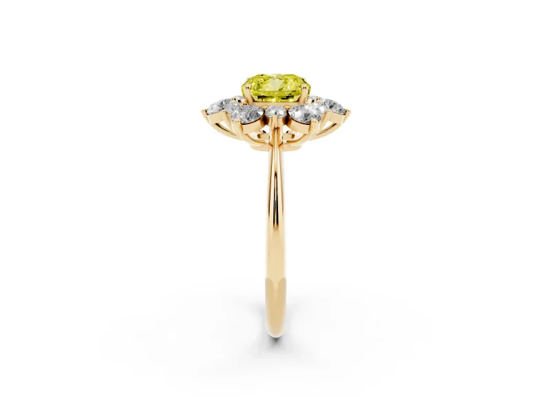 Cushion Cut Cluster Halo Engagement Ring Setting for a Fancy Yellow Lab-Grown Diamond | Yellow Gold