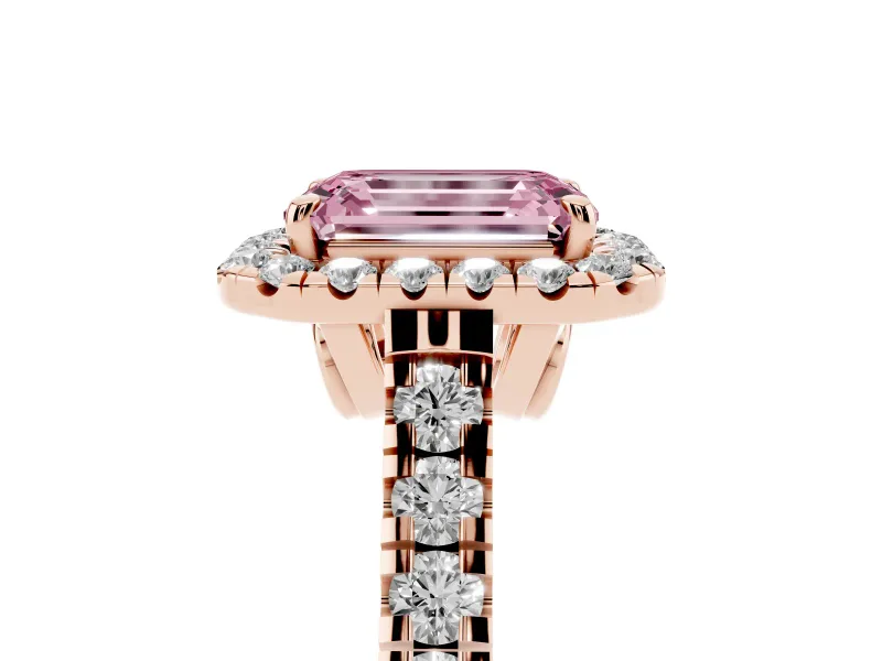 Emerald Cut Accented Halo Engagement Ring Setting for a Fancy Pink Lab-Grown Diamond | Rose Gold