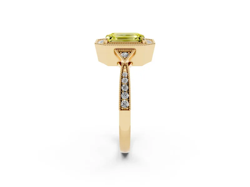 Fancy Yellow Emerald Cut Diamond Halo Engagement Ring Set in Yellow gold with Milgrain Pavé Band
