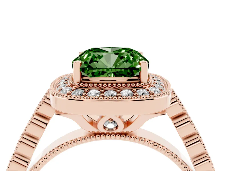 Cushion Cut Graduated Milgrain Halo Engagement Ring Setting for a Fancy Green Lab-Grown Diamond | Rose Gold