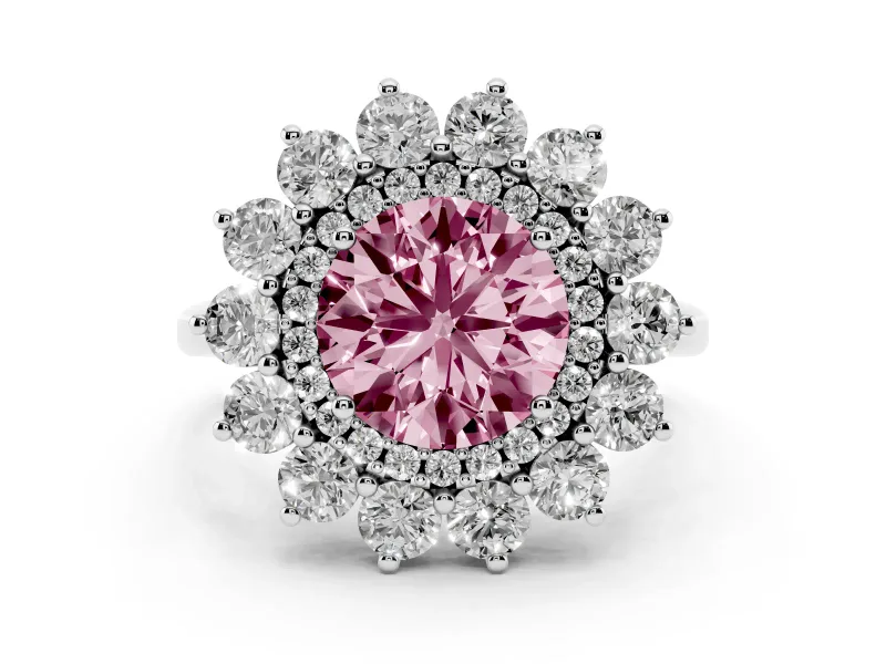 Fancy Pink Round Cut Diamond Floral Double Halo Ring Set in Platinum with Round Petals