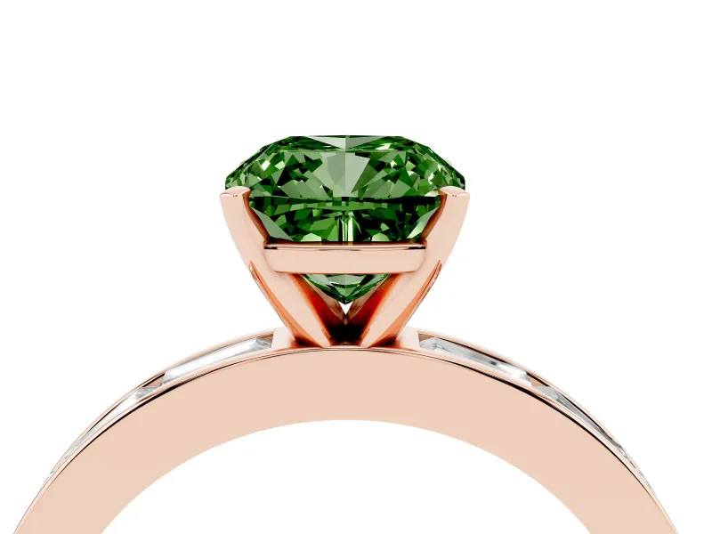 Fancy Green Cushion Cut Diamond Solitaire Ring Set in Rose gold with Channel-Set Baguette Band and Prong Setting