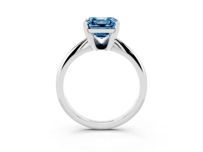 Fancy Blue Asscher Cut Diamond Solitaire Ring Set in White gold with Prong Setting on a Plain Round Band