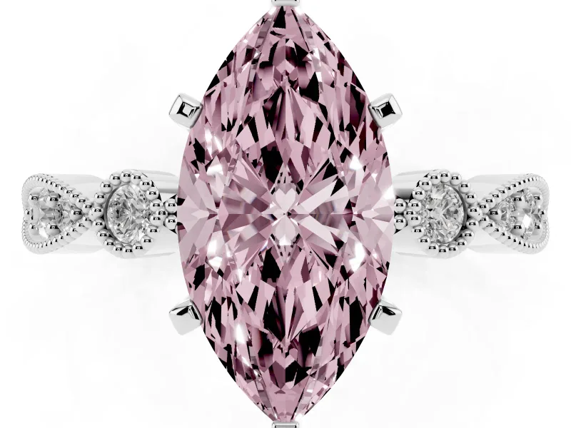 Fancy Pink Marquise Cut Diamond Solitaire Engagement Ring Set in Silver with Milgrain Bezel Accent Band