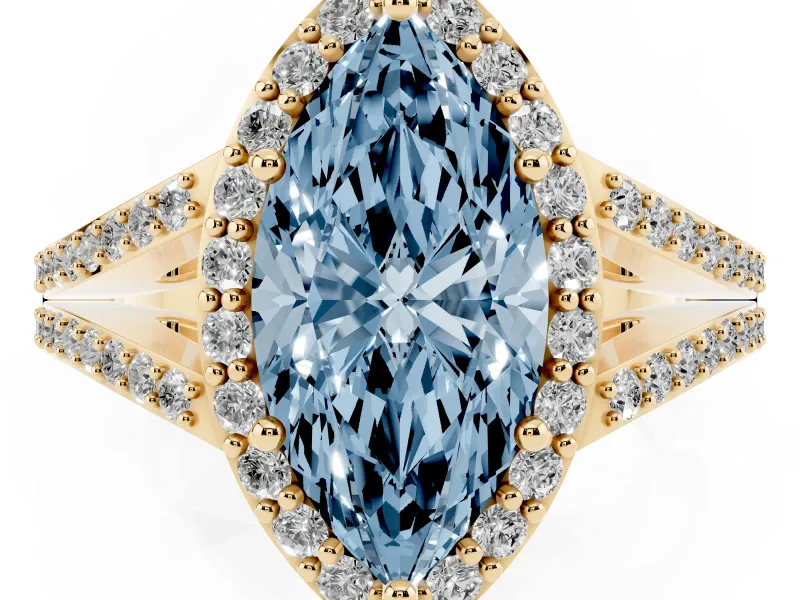 Marquise Split Shank Halo Engagement Ring Setting for a Fancy Blue Lab-Grown Diamond | Yellow Gold