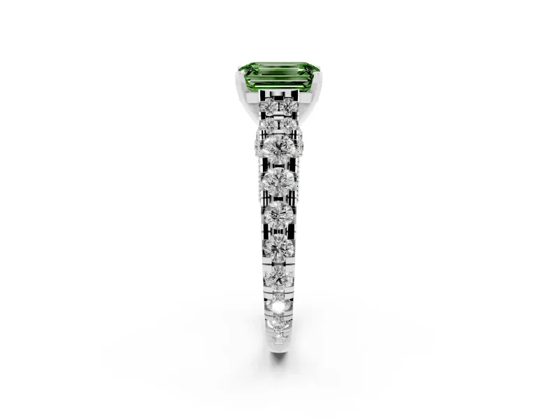 Fancy Green Emerald Cut Diamond Classic Solitaire Ring Set in Silver with Pavé Band and Prong Setting