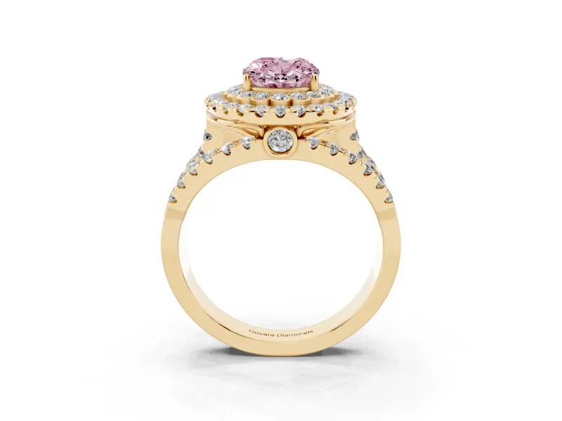 Oval Double Halo Split Shank Engagement Ring Setting for a Fancy Pink Lab-Grown Diamond | Pave Strands | Yellow Gold