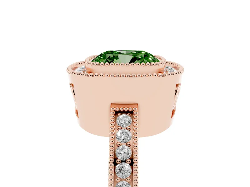 Fancy Green Cushion Cut Diamond Halo Ring Set in Rose gold with Pavé Band and Milgrain-Edged Prongs