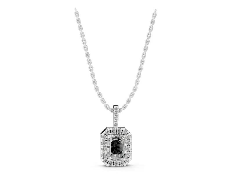 Emerald Cut Lab-Grown Diamond Halo Pendant Necklace | Graduated Pavé Bail | Sterling Silver