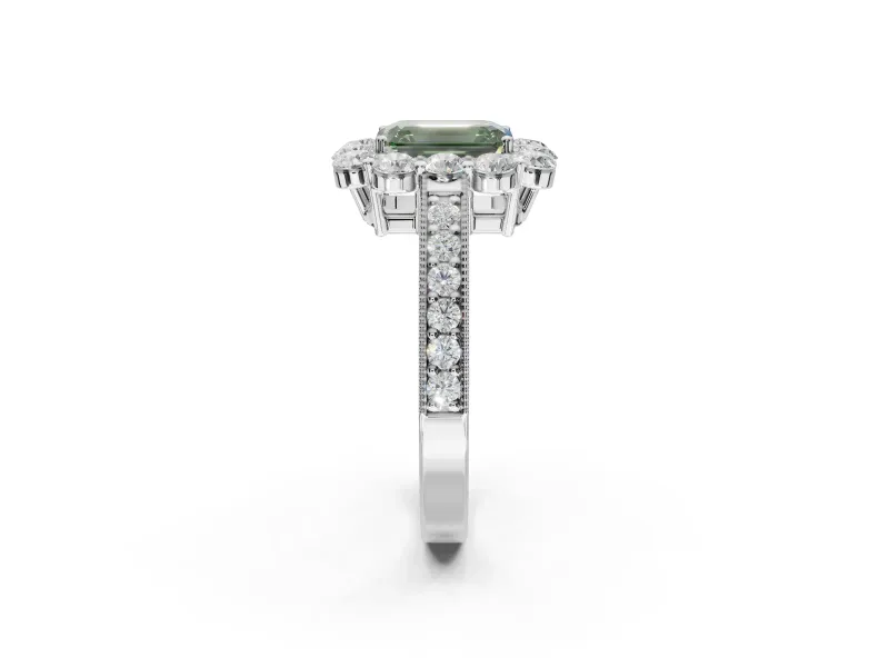 Emerald Cut Vintage Halo Engagement Ring Setting for a Fancy Green Lab-Grown Diamond | White Gold