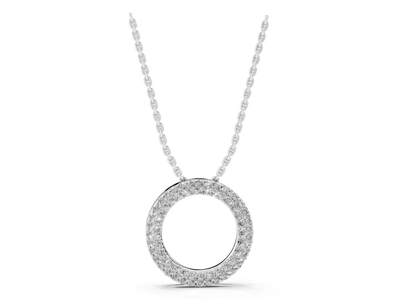 Round Lab-Grown Diamond Double Row Pavé Circle Pendant Necklace | Polished Rim | Sterling Silver