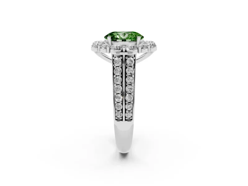 Fancy Green Oval Cut Diamond Halo Engagement Ring Set in Silver with Split Shank and Prong Setting