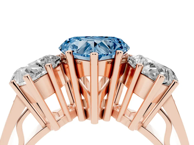 Heart-Shaped Three Stone Engagement Ring Setting for a Fancy Blue Lab-Grown Diamond | Beaded Shoulders | Rose Gold