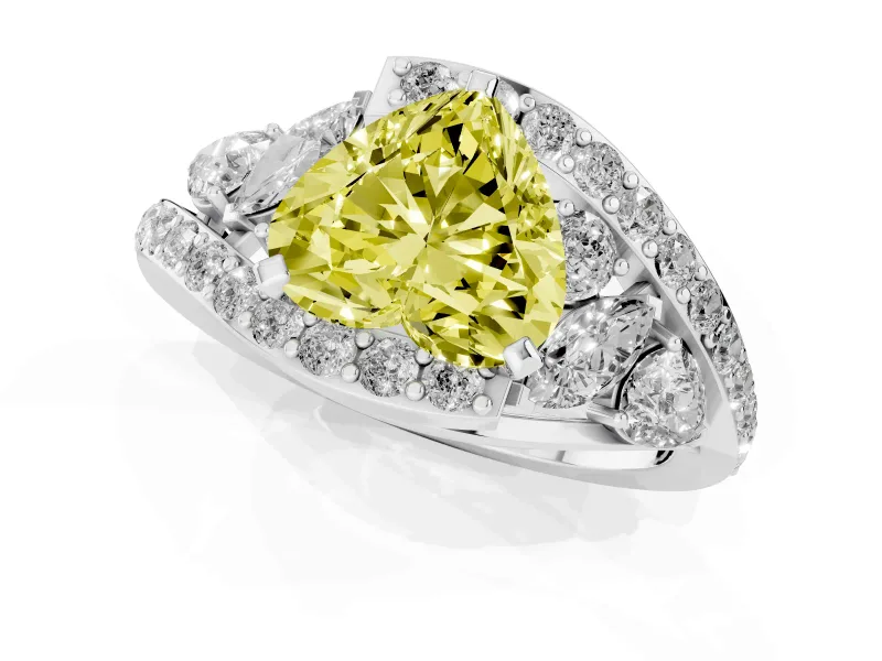 Fancy Yellow Heart Cut Diamond Halo Ring Set in White gold with Marquise and Pavé Band in Prong Setting