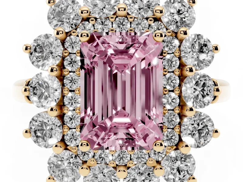 Emerald Cut Floral Double Halo Engagement Ring Setting for a Fancy Pink Lab-Grown Diamond | Plain Band | Yellow Gold