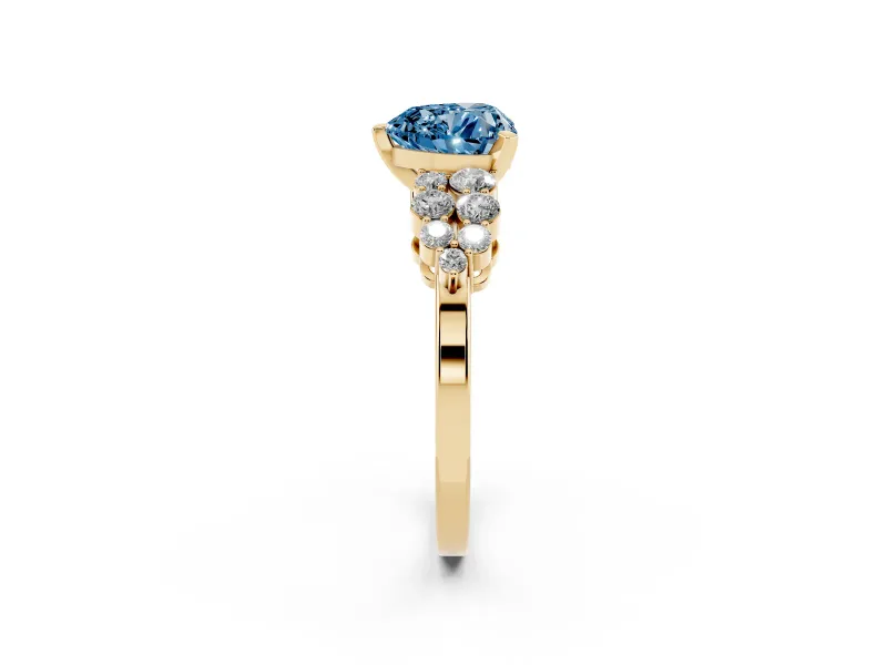 Heart-Shaped Side Stone Engagement Ring Setting for a Fancy Blue Lab-Grown Diamond | Shoulder Clusters | Yellow Gold