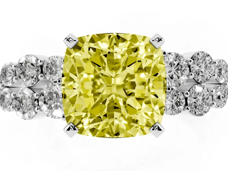 Fancy Yellow Cushion Cut Diamond Cluster Engagement Ring Set in Platinum with Pavé Band and Prong Setting