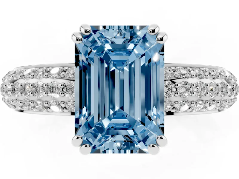 Emerald Cut Three Row Pave Engagement Ring Setting for a Fancy Blue Lab-Grown Diamond | White Gold