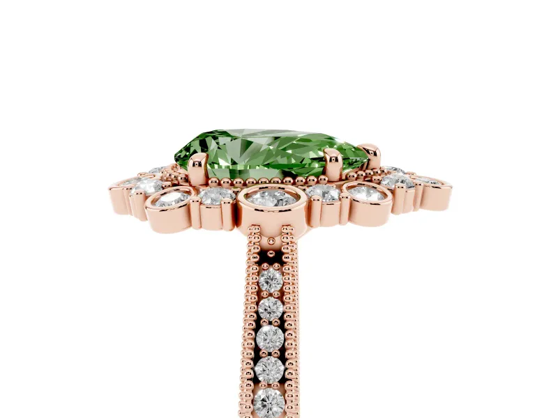 Fancy Green Pear Cut Diamond Halo Milgrain Pavé Ring Set in Rose gold with Prong Setting